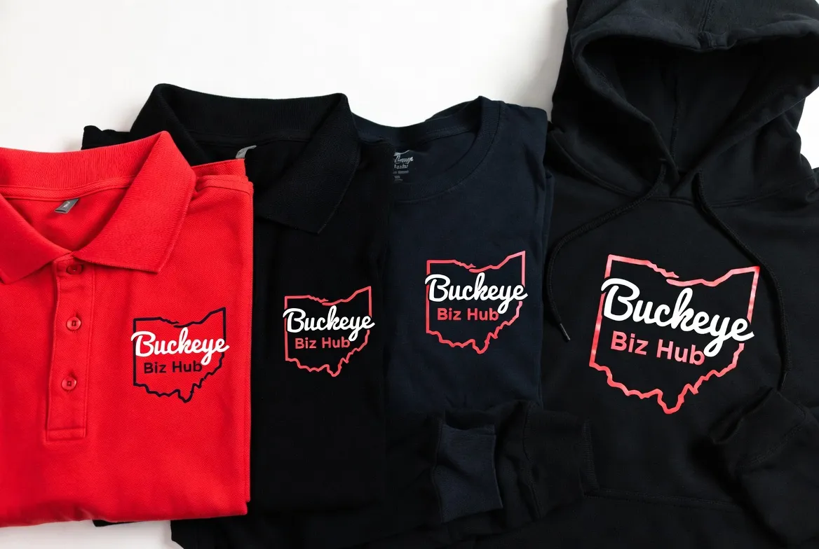 Designer adding vibrant logos and colors to promotional items in a creative studio