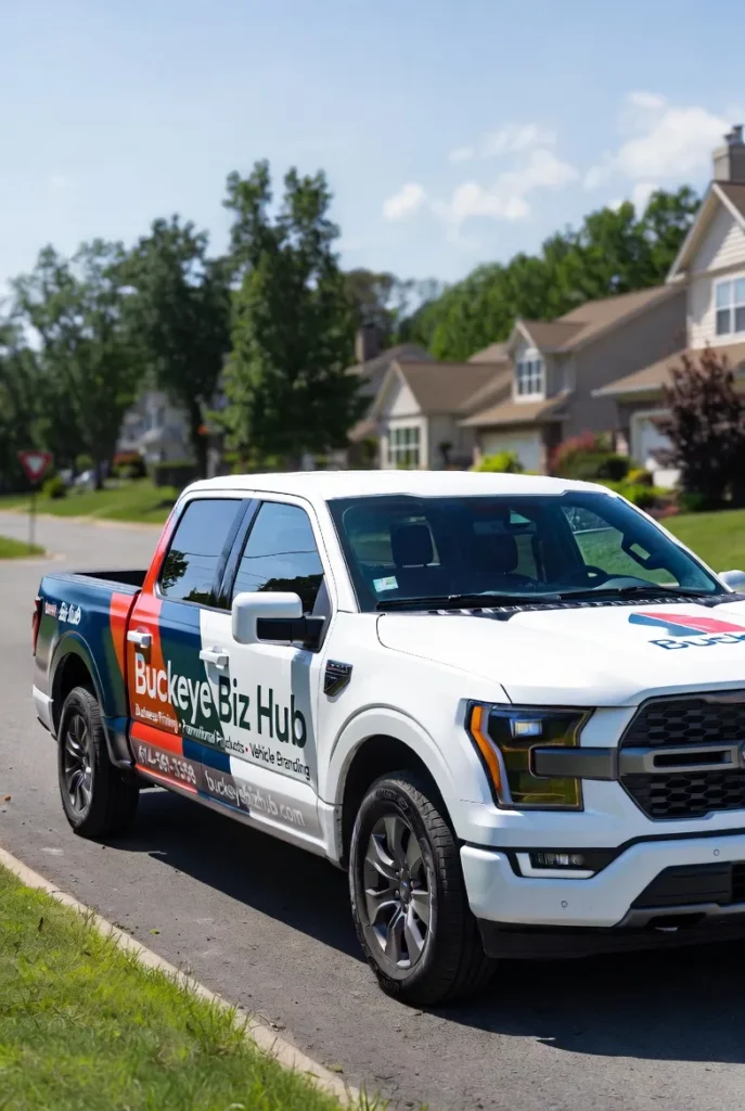 White pickup truck with Buckeye Biz Hub vehicle wrap, parked on a suburban street.