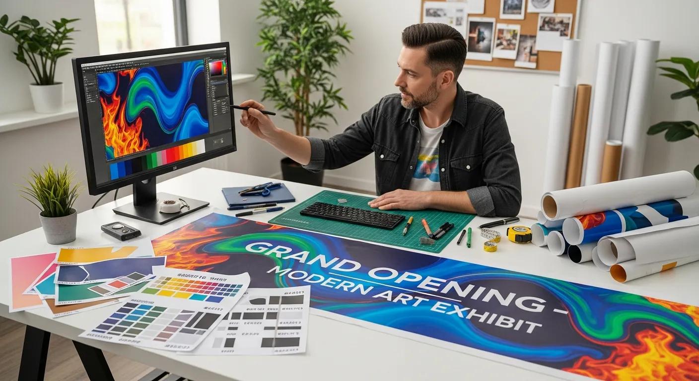 Designer preparing a custom vinyl banner with bold colors and layout samples