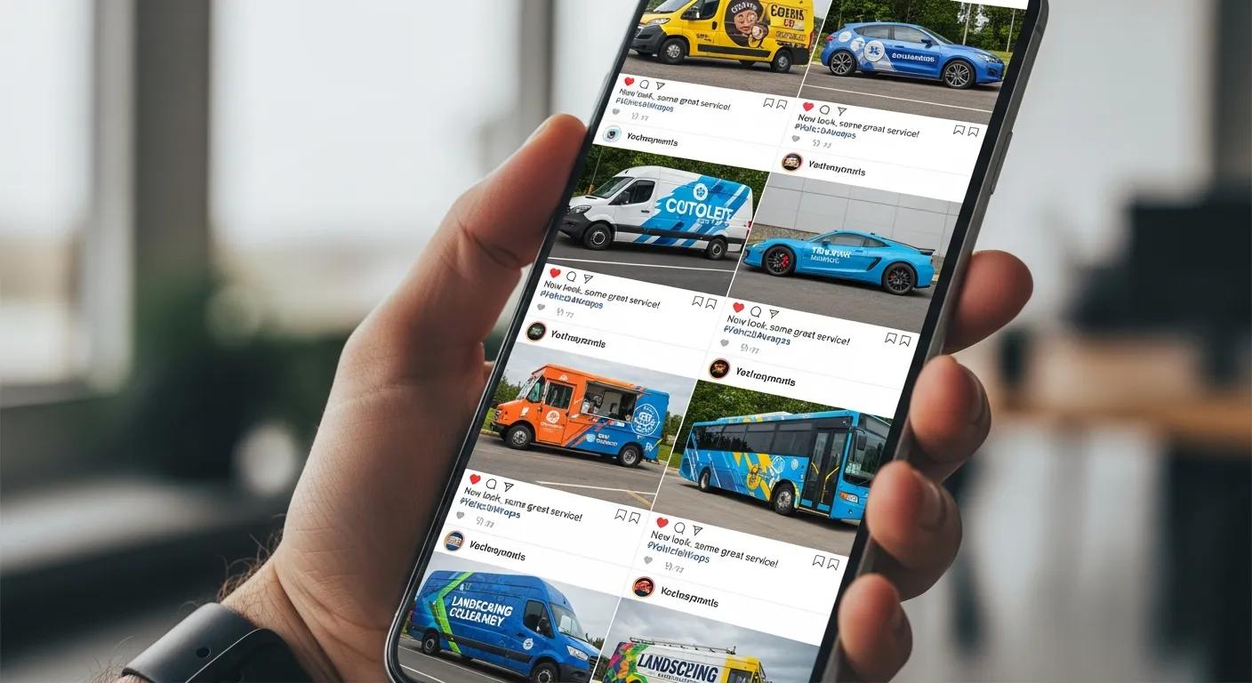 Smartphone displaying social media posts of vehicle wraps, illustrating brand awareness