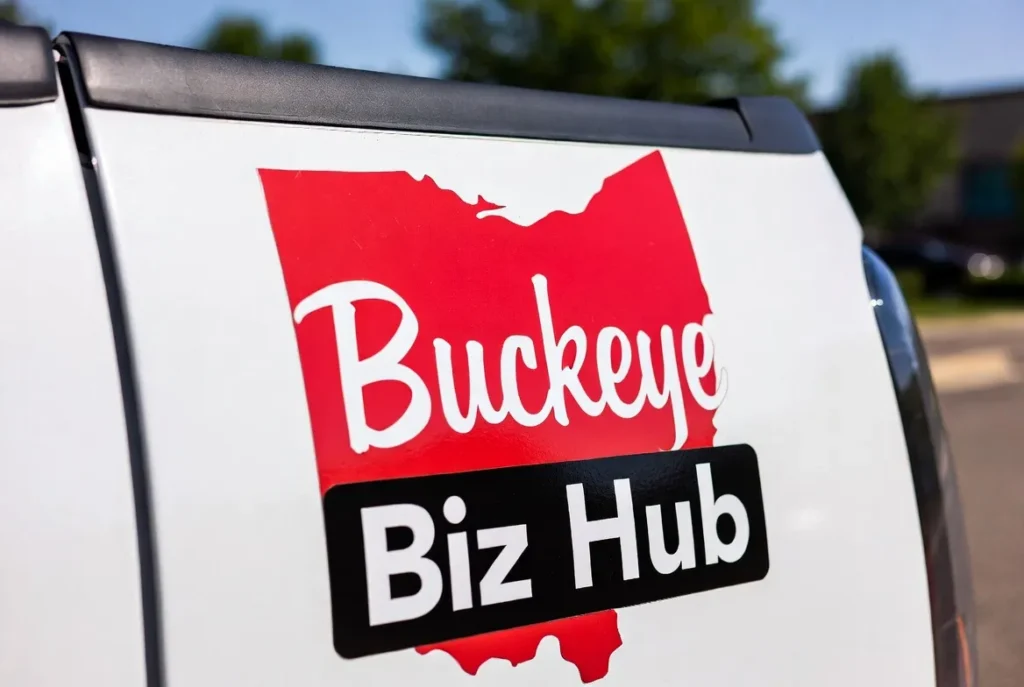 Red Ohio state outline with "Buckeye Biz Hub" text on a white surface.