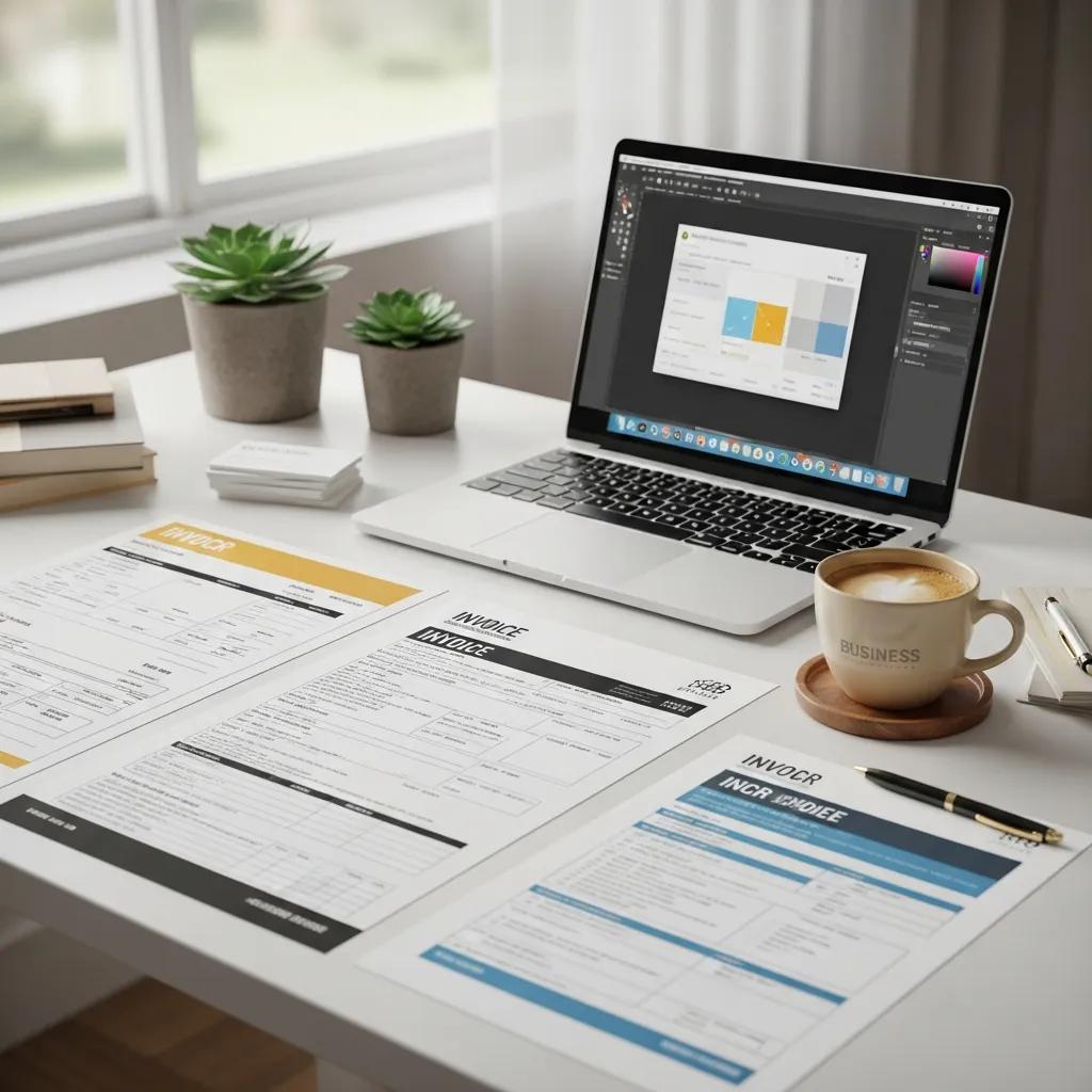 Custom invoices and NCR forms on a professional desk with a laptop and coffee cup