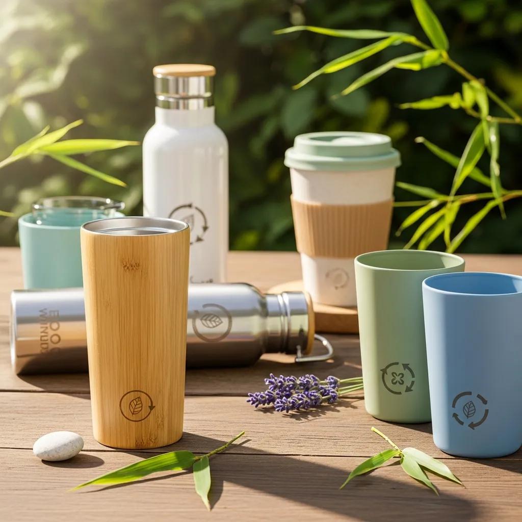 Eco-friendly drinkware options like bamboo tumblers and recycled plastic cups