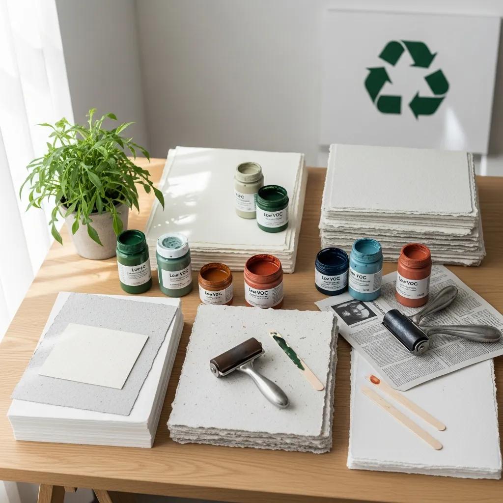 Recycled paper samples and low‑VOC ink swatches highlighting sustainable printing options